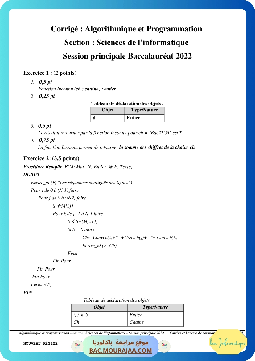 Corrigé principale algorithme Bac 2022 – Section info